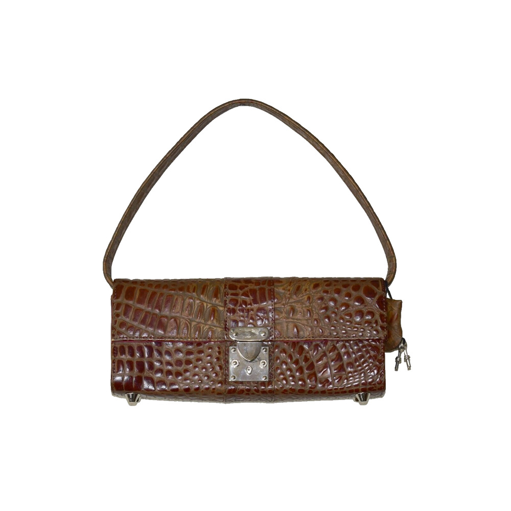B0 Auth MULHOLLAND Brown Alligator Embossed Leather Push Lock Shoulder Purse Bag